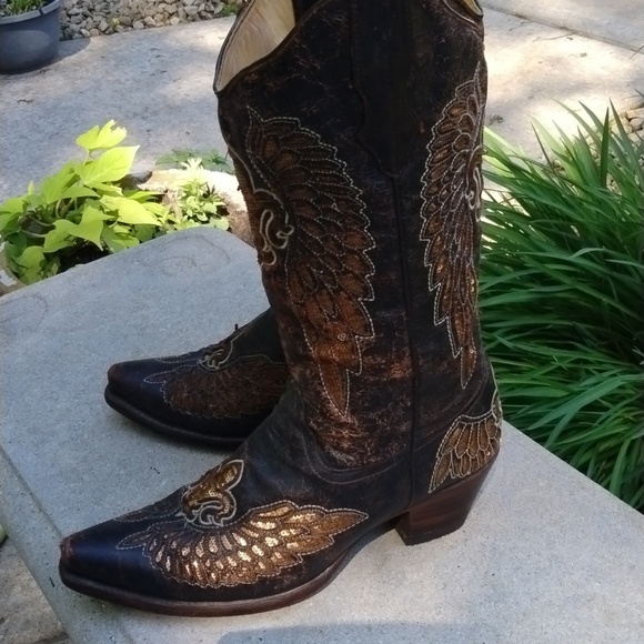 Corral Ladies Distressed Brown Wing Fleur De Lis Sequence Boot size 9.5 - Picture 12 of 16
